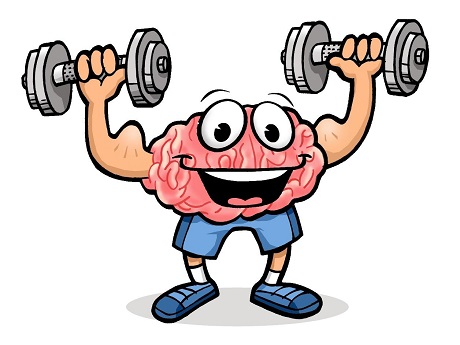 a face representing a brain lifting up dumbbells over their shoulders
