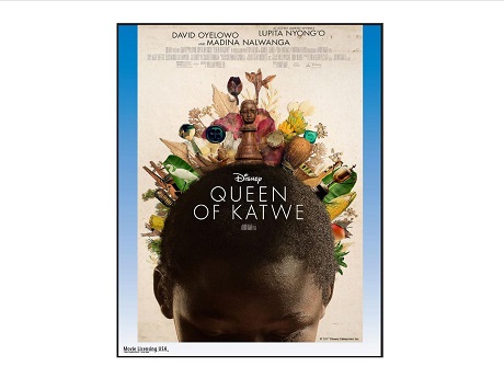 Queen of Katwe movie poster girl with head bowed and chess pieces floating above