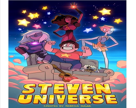 Stephen Universe Cover: a fellow and three super hero women on a couch on a cloud