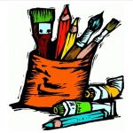 a pouch holding color pencils and paint brushes with paint near it