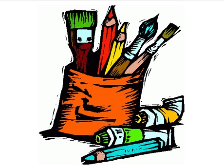 a pouch holding color pencils and paint brushes with paint near it