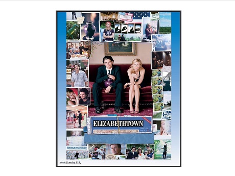 Elizabethtown poster with film photos around the edges and a man holding an urn and a woman holding a champagne glass sitting on the couch