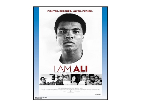 Documentary poster featuring Muhammad Ali on white background with photos from his life beneath