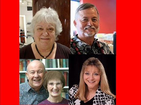 Photo collage of Hawaii Fiction Writers group members Carol Catanzariti, Leslee Ellenson, Michael Little, and Larry & Rosemary Mild