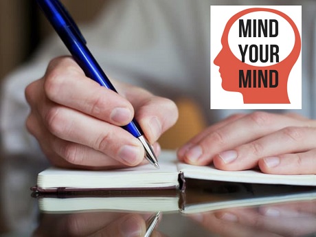 Photo of person's hands writing in a journal and "Mind Your Mind" logo