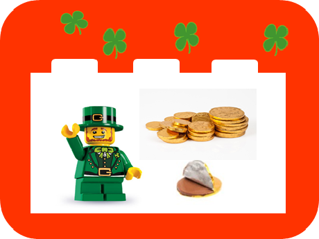 Leprechaun LEGO minifigure with cold coin candy and shamrocks