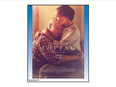 Film poster for Loving, with Mildred seated and holding Richard