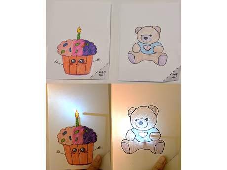 Two examples of greeting cards made with paper circuits