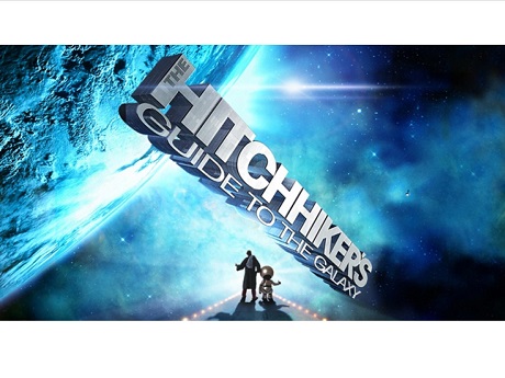 Two figures in space with the words from book title Hitchhiker's Guide to the Galaxy