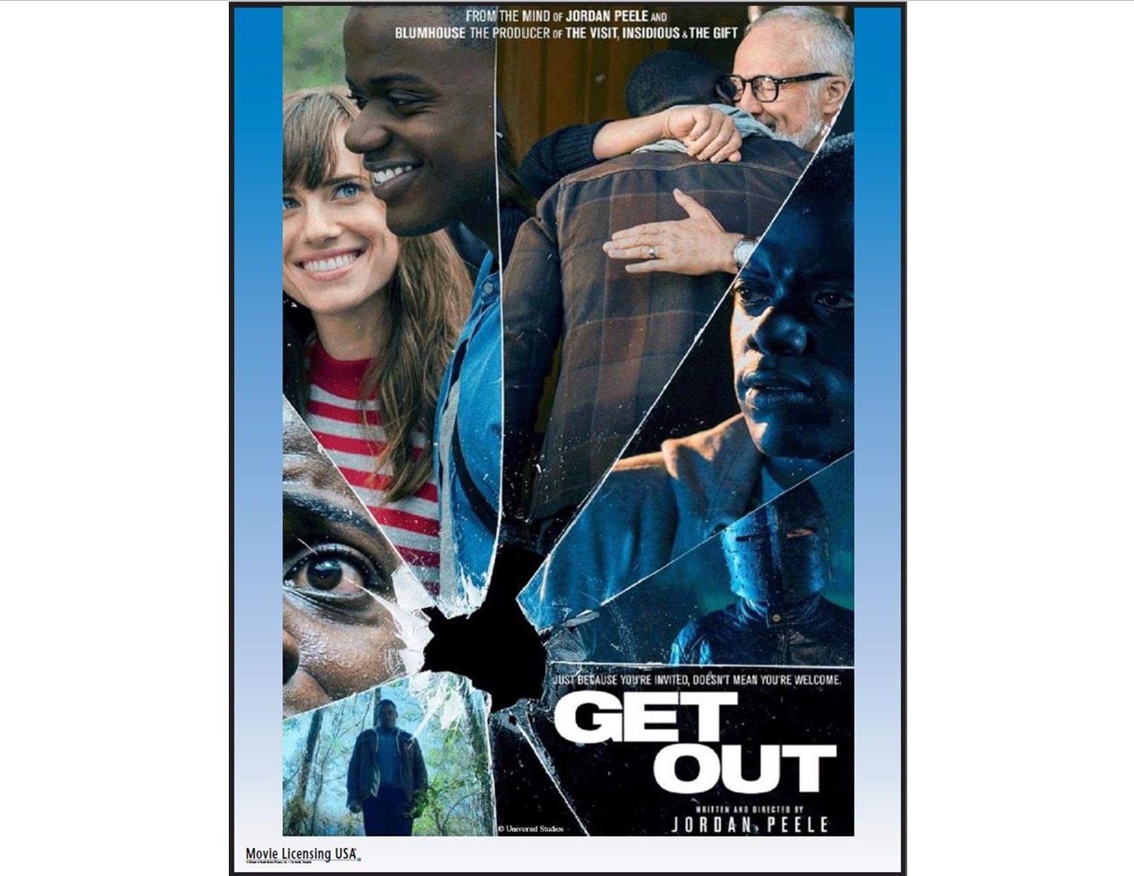 Get Out movie poster featuring various scenes from the film with a shattered glass motif