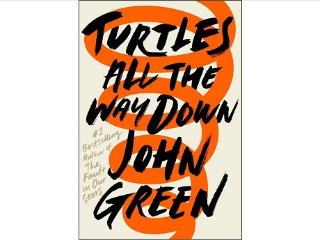 Turtles All the Way Down book cover with beige background and orange spiral behind black text