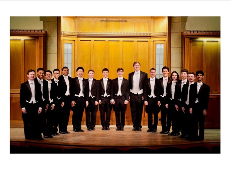 Color photo of 16 member Yale Alley Cats all-male al capella singing group from Yale University