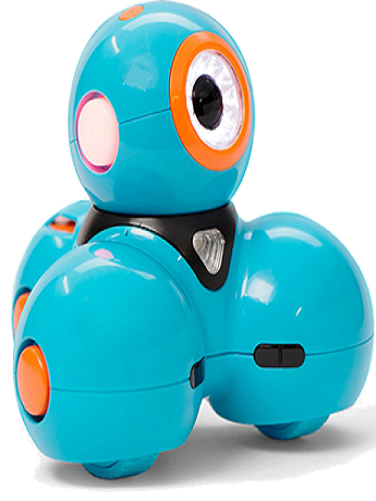 Blue and Orange Trimmed Robot on wheels and LEDs