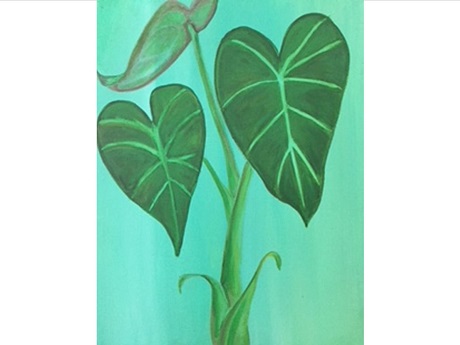 Painting of green kalo plant against a blue background