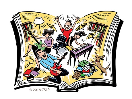 Illustration of a rock band on a book.