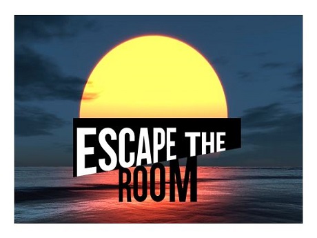 Sunset + ocean with text 'Escape the Room'