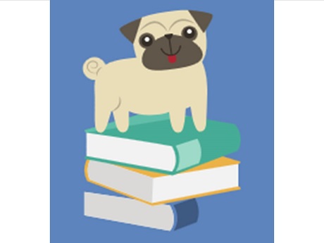 Pug standing on a stack of books