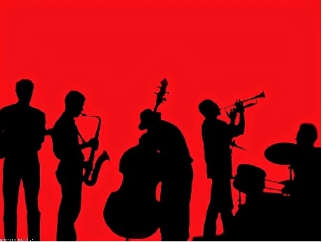 Silhouette of band members on a red background