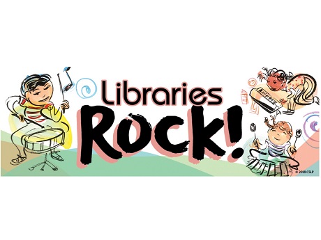 Keiki playing instruments around Libraries Rock! logo