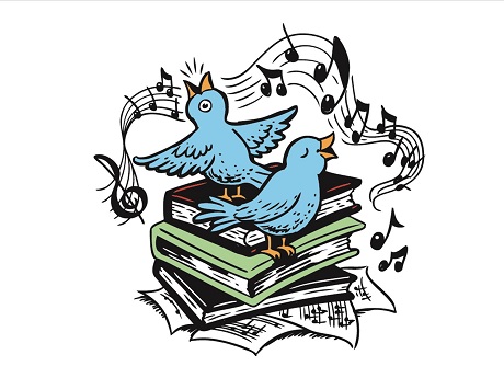 Two blue birds perched on books, surrounded by musical notes