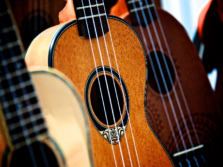 Three ukuleles of differing wood colors
