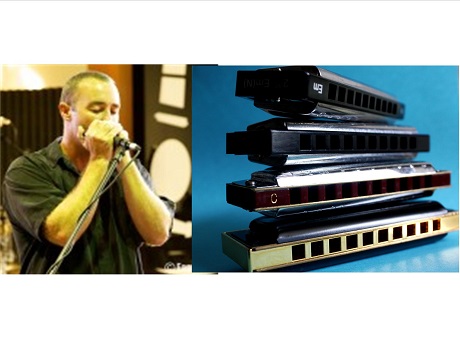 Color images of harmonica performer Danilo Marrone and 3 harmonicas stacked