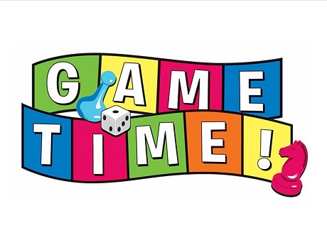 "Game Time!" is spelled across game board squares and there are a game token, die, and knight around the words