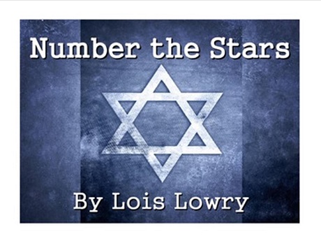 Printed Text: "Number the Stars" by Lois Lowry with Star of David graphic