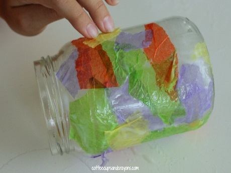 glass jar with tissue paper applied