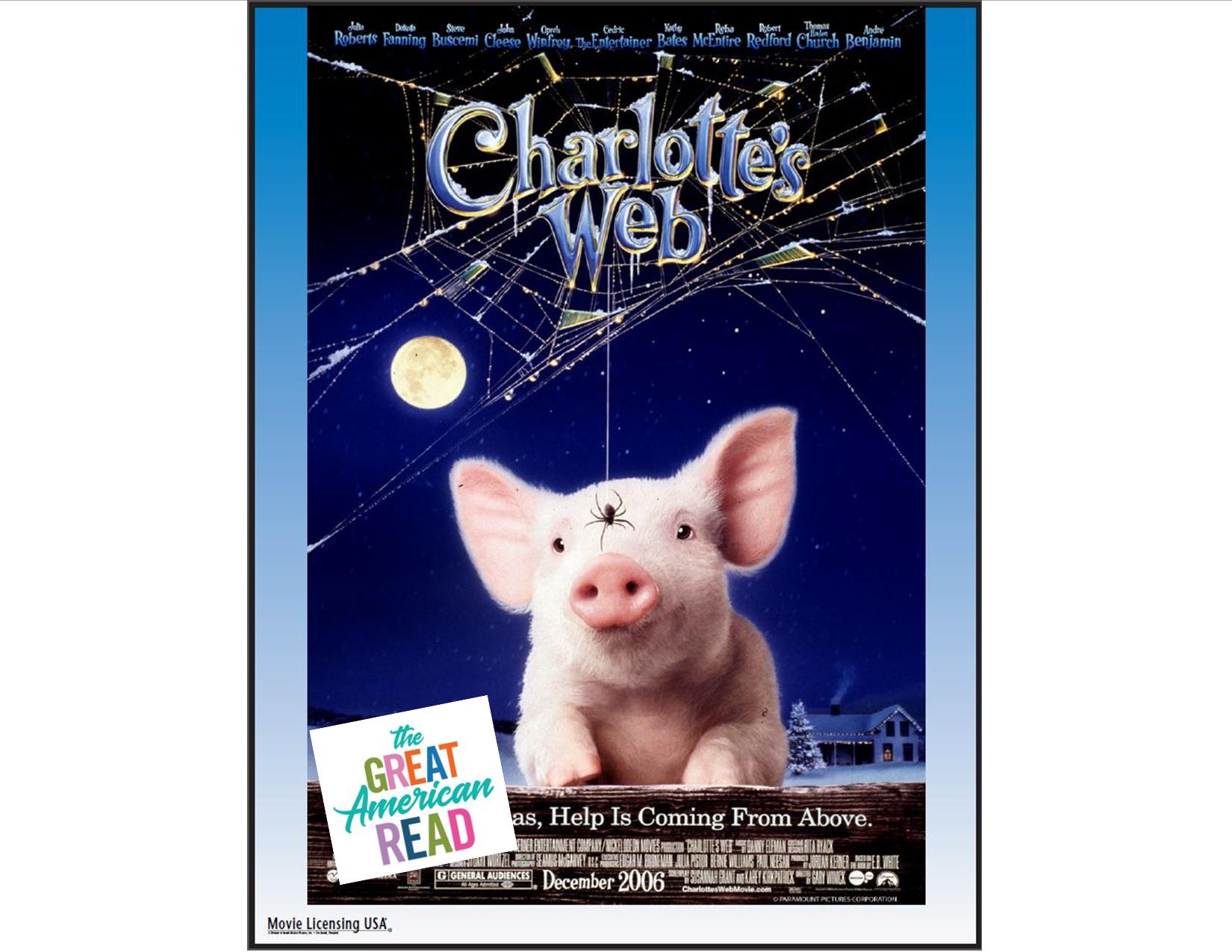 Film poster with Wilbur the piglet looking at Charlotte the spider as she dangles in front of him