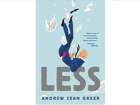 Less book cover featuring the main character falling headfirst through the air surrounded by pages of paper