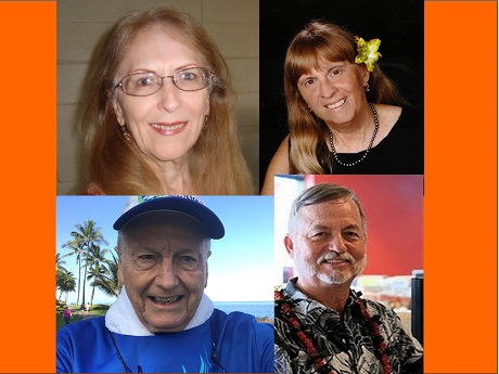 4-photo collage of the faces of Hawaii Fiction Writers group members Gail Baugniet, Laurie Hanan, Michael Little, and John Simonds