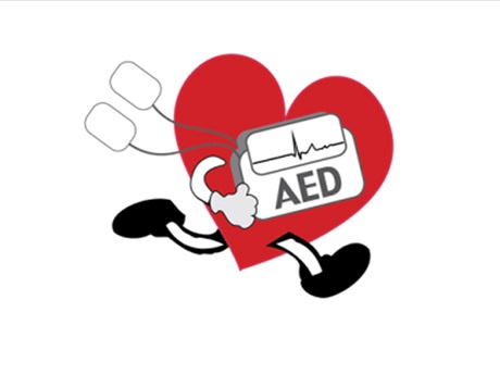 AED logo: a red heart with legs and an AED in its hand, running