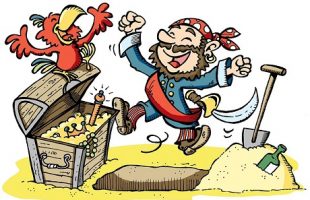Cartoon of a pirate and treasure chest