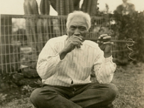 Bishop Museum Archives photo of man playing a ukeke