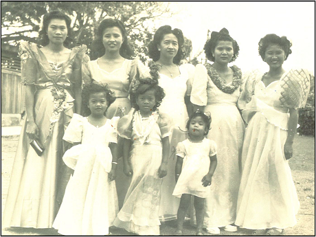 Black and white photo of 4 women and 3 children