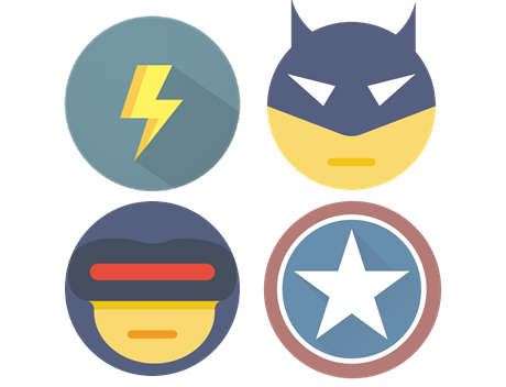 Four super hero symbols: lightning bolt in shield, batman, cyclops, and star shied.