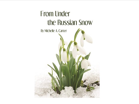 Book cover with white flowers blooming amongst the snow