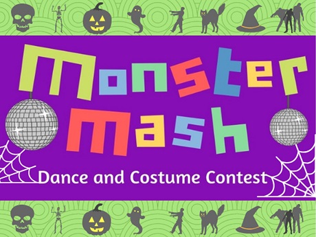 Monster Mash with Green Spiral Design and Disco Balls and Halloween Graphics