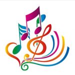 Rainbow-colored musical notes floating on a white background