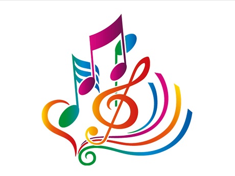 Rainbow-colored musical notes floating on a white background