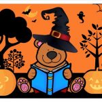 Halloween Story Time Bear Reading a Book with Orange Background and Black Silhouette Graphics