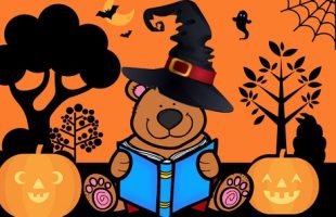 Halloween Story Time Bear Reading a Book with Orange Background and Black Silhouette Graphics