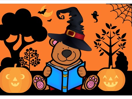 Halloween Story Time Bear Reading a Book with Orange Background and Black Silhouette Graphics