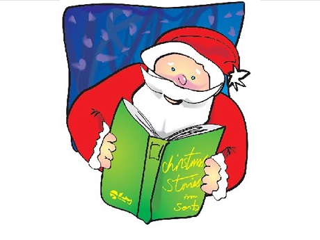 picture of Santa Claus reading a green book