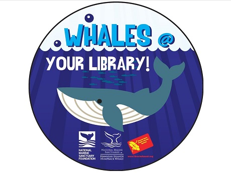 Whales at your library logo featuring a stylized drawing of a humpback whale in the ocean and the NOAA and HSPLS logos