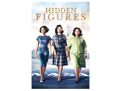 Cover art for the movie Hidden Figures, depicting three black women dressed in 1950s American-style clothing, standing tall and striding forward, with a rocket ship in the background.
