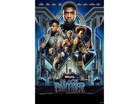 Cover art for the movie Black Panther, featuring images of the cast and the imaginary apitol city of Wakanda.