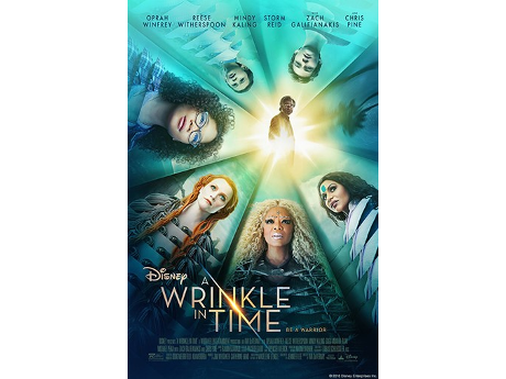 Cover art for the movie A Wrinkle in Time, featuring the faces of the main cast looking down from above while forming a circle, with a solitary male figure in the center.