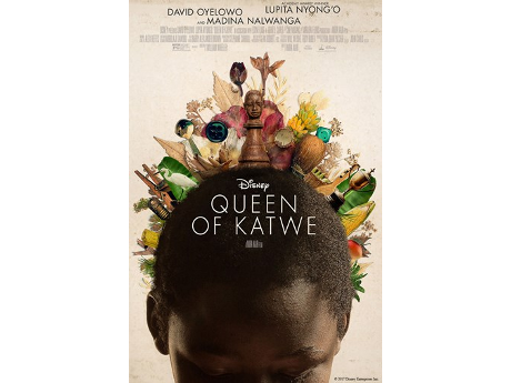 Cover art for Disney's Queen of Katwe, featuring a young girl's bowed head, crowned with wooden chess pieces and other small items.